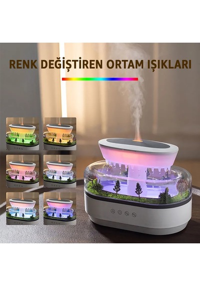 Robeve Yağmur Damlası Hava Nemlendirici - Aromaterapi Difüzör - 7 Renk Rgb - Dinlendirici Sesler - Sessiz Çalışma - Damlama Sesi - Otomatik Kapanma