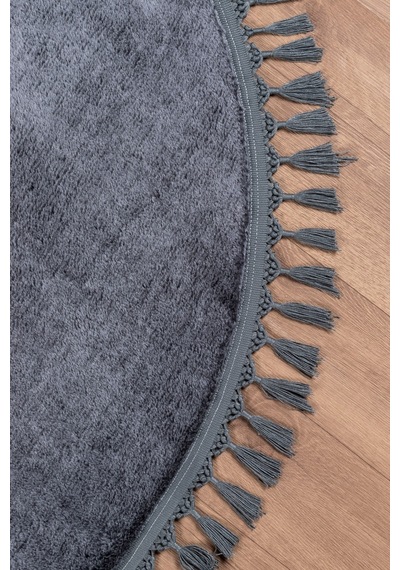 Comfort Yuvarlak Ponpon Saçaklı Peluş Halı Yatak Odası- Çocuk Odası- Antre- Yemek Odası Kaymaz Taban Antrasit
