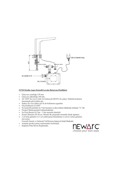 Newarc 517523 Aqua Fotoselli Lavabo Bataryası