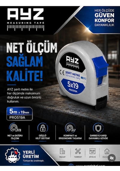 Ayz Şerit Çelik Metre 5m X 19mm Gri 5
