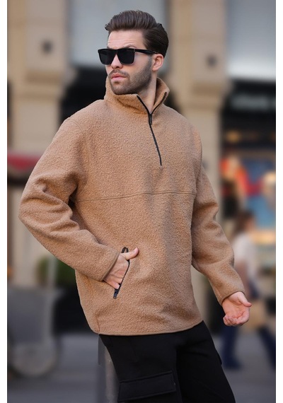 Madmext Bej Dik Yaka Yarım Fermuarlı Buklet Sweatshirt 7084 Bej