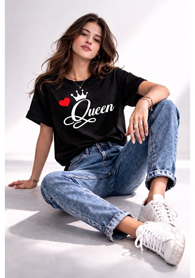 King Queen Sevgili Kombini Çift Tişört Matching Couple Oversize U Siyah