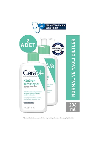 Cerave Foaming Cleanser Normal ve Yağlıya Dönük Ciltler İçin Köpüren Temizleyici 2 x 236 ML