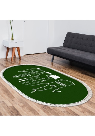 Dijital Kaymaz Yıkanabilir Banyo Mutfak Salon Paspas Halısı Trend Saçaklı Oval Al4032 Haki