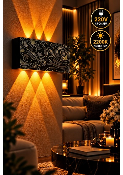 Siyah Gold Barok Desenli 12w 2200k Amber Işıklı 3 Gözlü Yukarı Aşağı Dekoratif Duvar Apliği 16 Cm Amber Işık