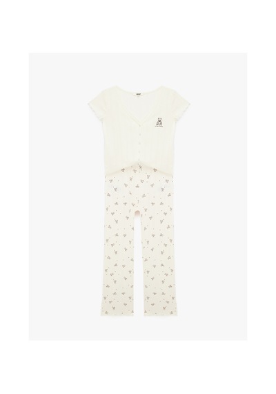 Koton Ayıcık Baskılı Pamuklu Rahat Kalıp V Yaka Kısa Kollu Pijama Takımı Ekru 7wlk40214mk