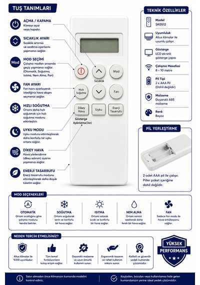 Altus Sk0512 Lcd Ekranlı Klima Kumandası .