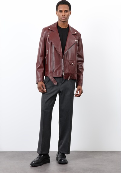 Antioch 100% Deri Biker Ceket Bordo