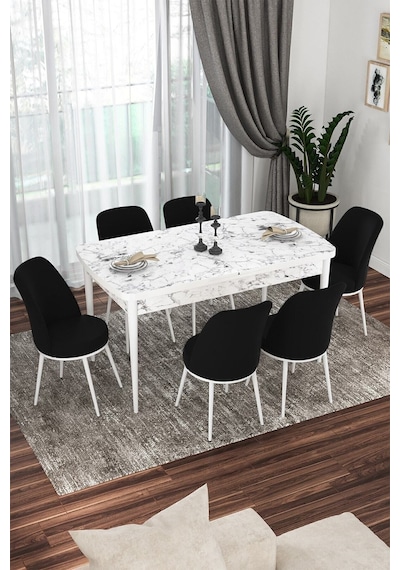 Canisa Kor Serisi, Beyaz Mermer Desen 70x114 Açılabilir Yemek Masa Takımı,6 Siyah Sandalye Masa Beyaz Mermer Desenli Sandalyeler Siyah Canisa Kor Serisi, Beyaz Mermer Desen 70x114 Açılabilir Yemek Masa Takımı,6 Siyah Sandalye Masa Beyaz Mermer Desenli Sandalyeler Siyah