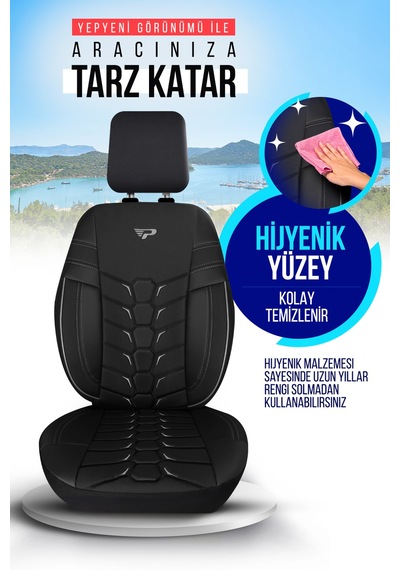 Siyah - Gri Panda Valencia Serisi Jakar Kumaş Oto Koltuk Kılıfı - Tam Set