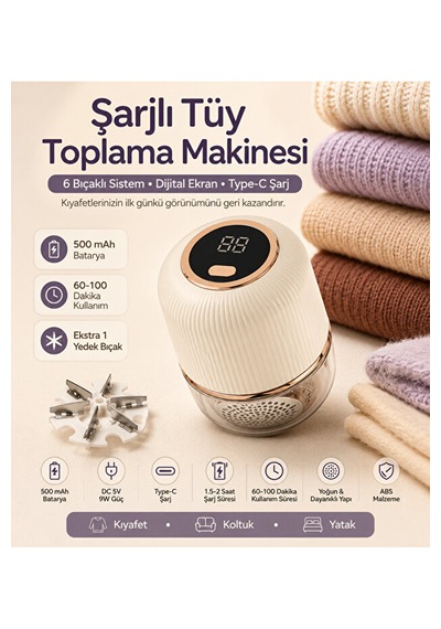 Şarjlı Tüy Toplama Makinesi 6 Bıçaklı Dijital Ekranlı Type-c 500 Mah Kıyafet Kaz Bej