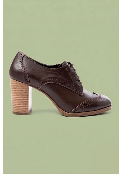 Analin Shoes Kadın Hakiki Deri Bağcıklı Oxford Topuklu Ayakkabı Kahve