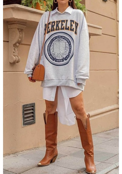 Blackjack Giyim Kadın Berkeley Baskılı Oversize Sweatshirt Gri