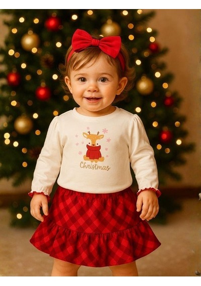 Zekids Kız Bebek Organik Yılbaşı Temalı Etekli Takım-16443 Kırmızı