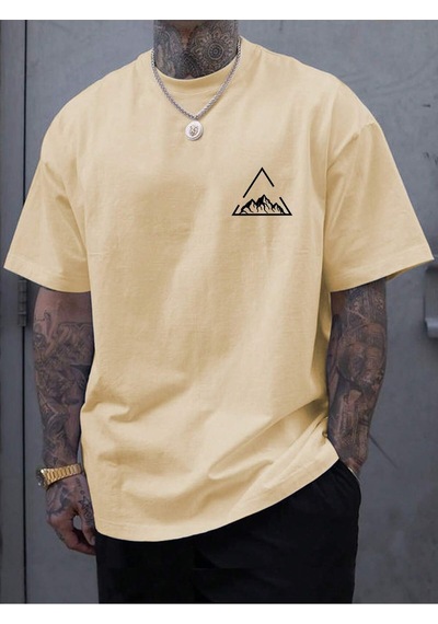 Üçgen Dağ T-shirt - Sarı Baskılı Oversize Bisiklet Yaka Kısa Kol Tişört Sarı