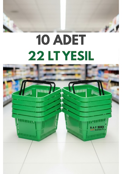 10 Adet / 22 Litre Plastik Market Alışveriş Sepeti Profesyonel Market Mağaza El Sepeti Yeşil