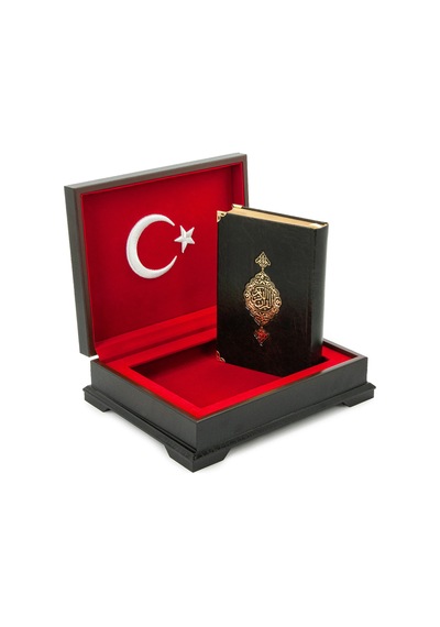 Ahşap Kutulu Türk Bayraklı Orta Boy Kuranı Kerim Özel Kadife Sandıklı Hediyelik Set