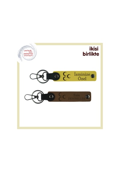Aşkı Yaşat Üç Hilal Desenli Kişisel Deri Anahtarlık Hediyelik Set X2, Sarı-kahve