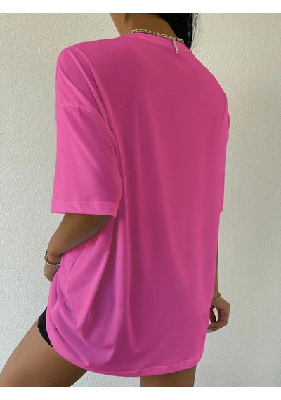 Flood Of Style Kadın Pembe Boston Baskılı Oversize Bisiklet Yaka Tshirt