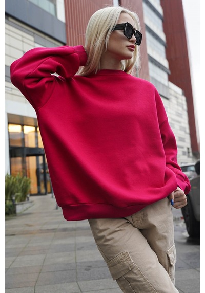 Madmext Madmext MG1559 Bisiklet Yaka Basic Kadın Sweatshirt - Fuşya