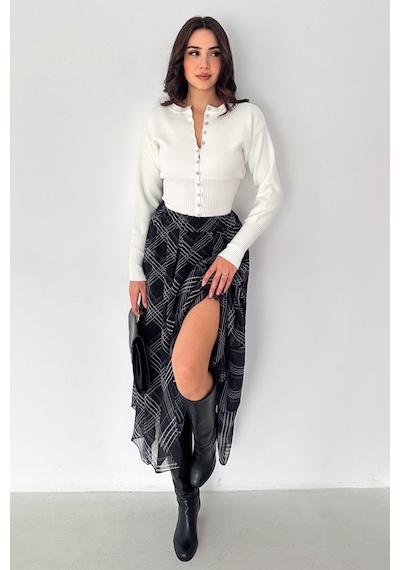 Kadın Asimetrik Kesim Ekose Midi Etek Plaid Motion Siyah