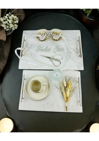 Gümüş Mermer Söz Tepsisi Ve Damat Kahve Fincan Tepsisi Bronz Bronz