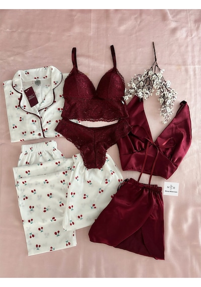 Mh Moony Homewears Kutulu 7'li Sakura Saten Penye Pijama Takımı Iç Giyim Çeyiz Seti Bordo