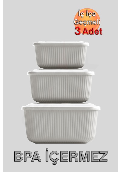 İç İçe Geçmeli Snaplid Dikdörtgen Saklama Kabı 600 - 1100 - 1800 Ml Üçlü Set Bej
