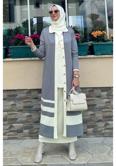 Rabia Şamlı İmge Çizgili Triko Hırka Gri Çok Renkli