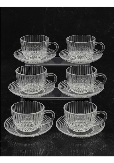 Çnr Home Collection 6 ' Lı Cam Kahve Fincan Seti Zarif Desenli Cam Bardak & Tabak Takimi Beyaz