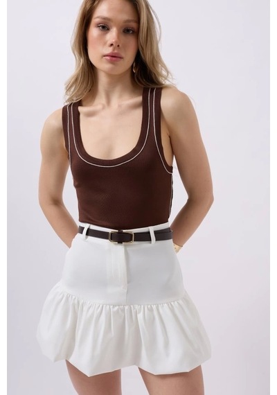 Defymoda Büzgü Detay Mini Etek Beyaz