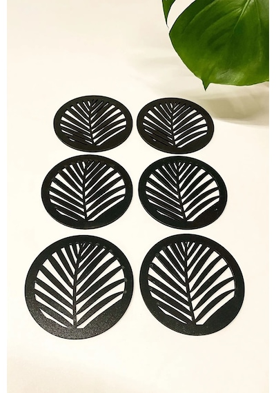 Yaprak Desenli Ahşap Mdf Bardak Altlığı 6'lı Set Siyah