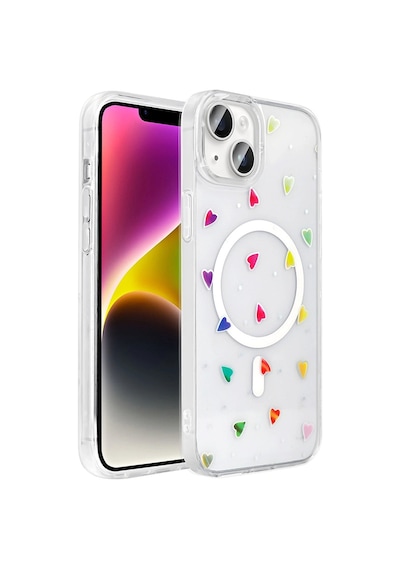 Apple Uyumlu iPad iPhone 15 Plus Kılıf M-safe Şarj Özellikli Şeffaf Zore Folk Sert Kapak Kalp