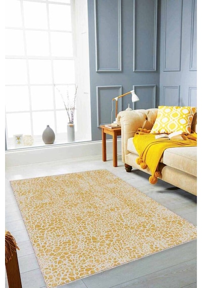 Sarı Leopar Kaymaz Tabanlı Makinede Yıkanabilir Halı Le007n11