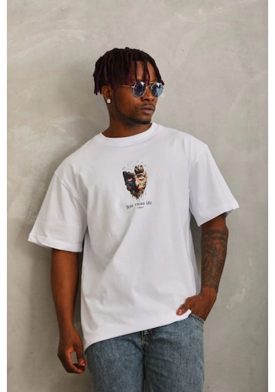 Oversize Baskılı Bisiklet Yaka T-shirt - Beyaz -