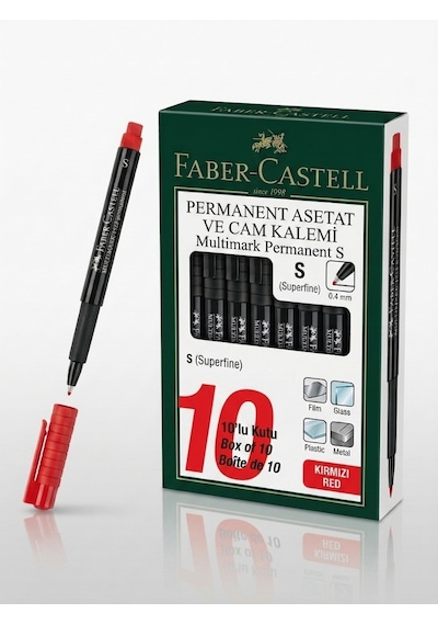 Faber-castell Permanent Asetat Ve Cam Kalemi S Uç 0.4 Mm Kırmızı - 10 Adet Toptan Paket