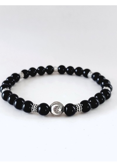 Gümüş Obsidyen Doğal Taşlı Bayrak Ay Yıldız Tasarım Erkek Bilekli