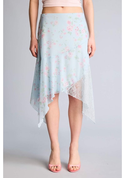 Defacto Asimetrik Floral Normal Bel Penye Astar Tül Mini Etek H0802ax26spbe251 Mavi-be251