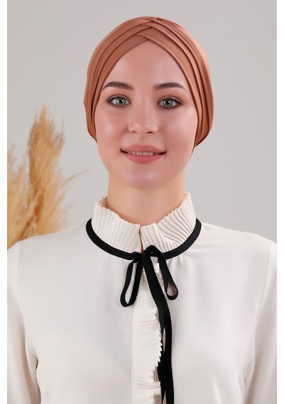 Melodi Scarf Kadın Üç Bantlı Çapraz Hazır Türban Dış Bone Taba Taba