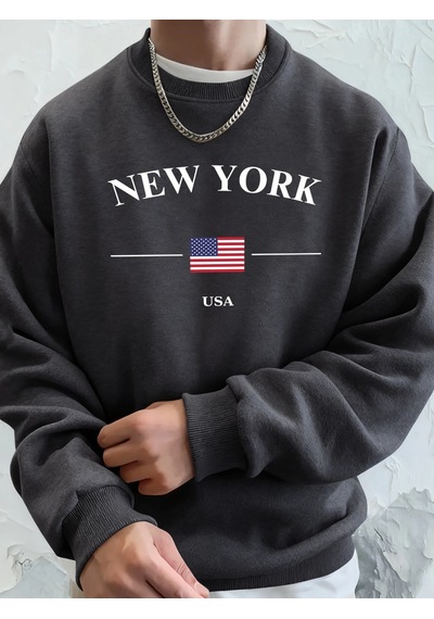 Startmore Tarzsokak New York Abd Bayrağı Baskılı Erkek Polar Kapüşonlular Spor Günlük Hoody Bisiklet Yaka Cepli S Antrasit
