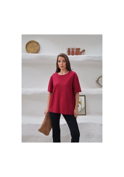 Paw Garage Kadın Mia İnterlok Kumaş Bisiklet Yaka Oversize T-shirt Bordo