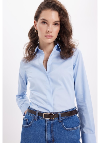 Tudors Kadın Slim Fit Non-ıron Pamuklu Vücuda Oturan Ütü Gerektirmez Pensli Mavi Gömlek-42047 Mavi