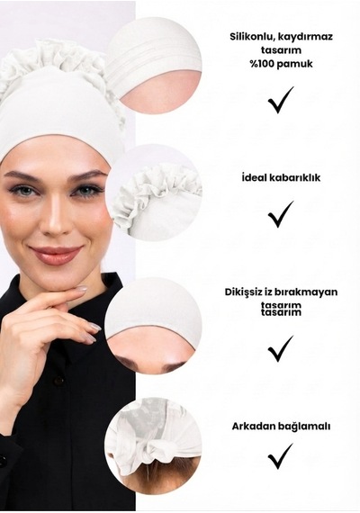 Alivascarf Kaymayan Fırfırlı Silikonlu Dikişsiz Kaymaz Bone Kadın Tesettür Bağlamalı İç Bone Kırık Beyaz