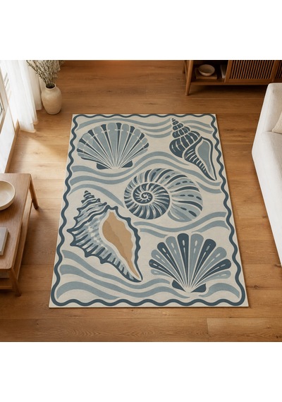 Kartela Halı Deniz Kabuğu Desenli Halı Mavi Kaymaz Taban Makinede Yıkanabilir 100x150 Cm