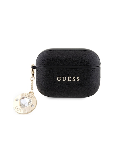 Apple Uyumlu AirPods Pro 2 Kılıf Guess Lisanslı Glitter Elmas Kalp Süs Zincirli Siyah