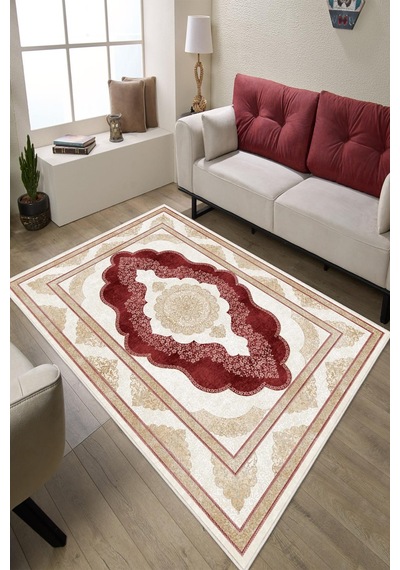 Klasik Desenli Dijital Baskılı Kaymaz Taban Yıkanabilir Salon Halısı Oturma Odası Halısı Bordo