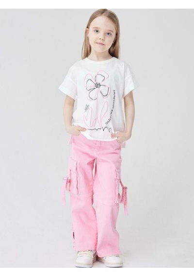 Escabel Kız Çocuk Pamuklu Çiçek Baskılı T-shirt-14028 Ekru