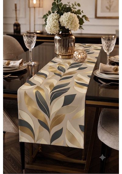 Premium Masa Runner Dijital Baskılı Yaprak Desenli Dekoratif Salon Mutfak Yemek Masası Runner Örtüsü 45x140 Cm Krem