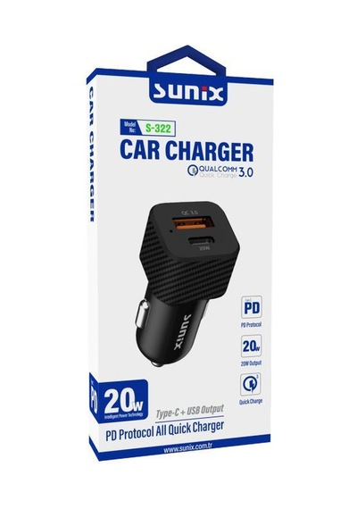Sunix Pd 20w Hızlı Şarj Araç Şarj Başlık S-322 Siyah