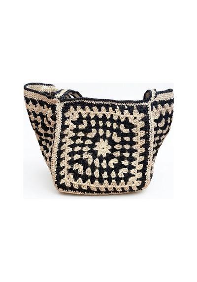 Lento Design Kadın Retro Çiçek Motifli Örgü Çanta Siyah Krem Günlük Bohem Omuz Çantası Bej